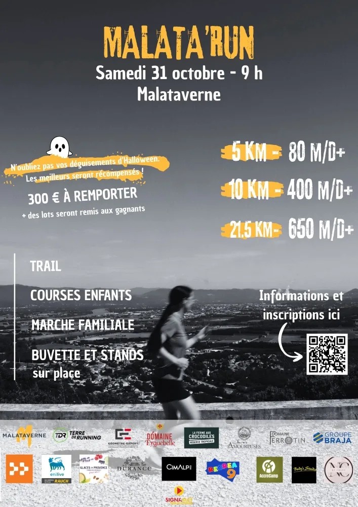 Affiche officielle de la Malata’Run 2026 : samedi 31 octobre, 9 h, Malataverne. 5 km, 10 km et 21,5 km, trail, courses enfants, marche familiale, buvette et stands.